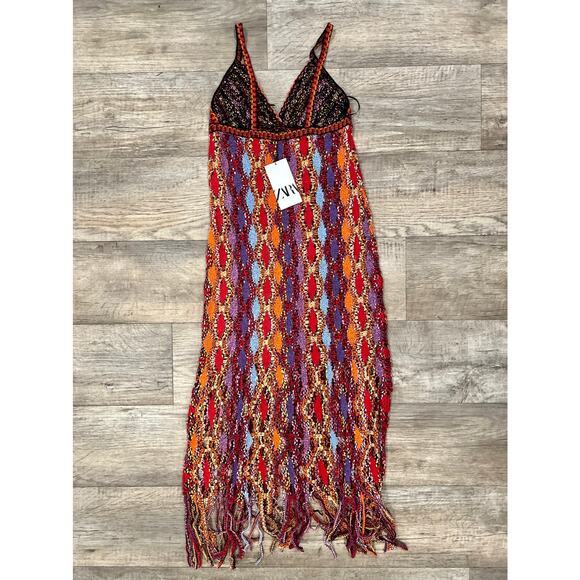 ZARA V-Neck Fringe Hem Multicolor Midi Dress NWT | Size M/L - Picture 16 of 16